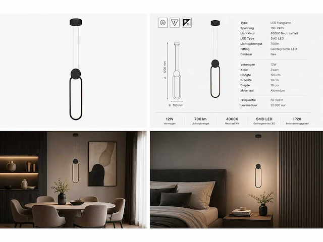 Led hanglamp 12w – 4000k neutraal wit - zwart – ip20 – always - afbeelding 5 van  5