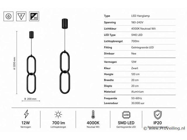 Led hanglamp 12w – 4000k neutraal wit - zwart – ip20 – santana - afbeelding 4 van  5
