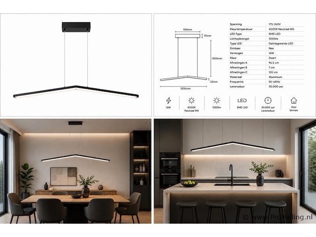 Led hanglamp 16w – 4000k neutraal wit - zwart – ip20 – edmond-16 - afbeelding 5 van  5