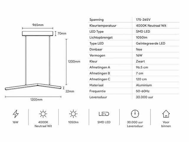 Led hanglamp 16w – 4000k neutraal wit - zwart – ip20 – edmond-16 - afbeelding 3 van  8