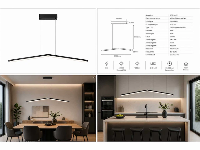 Led hanglamp 16w – 4000k neutraal wit - zwart – ip20 – edmond-16 - afbeelding 4 van  8