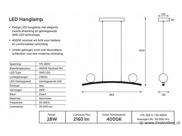 Led hanglamp 28w – 4000k neutraal wit - zwart – ip20 – invicta-28 - afbeelding 4 van  5