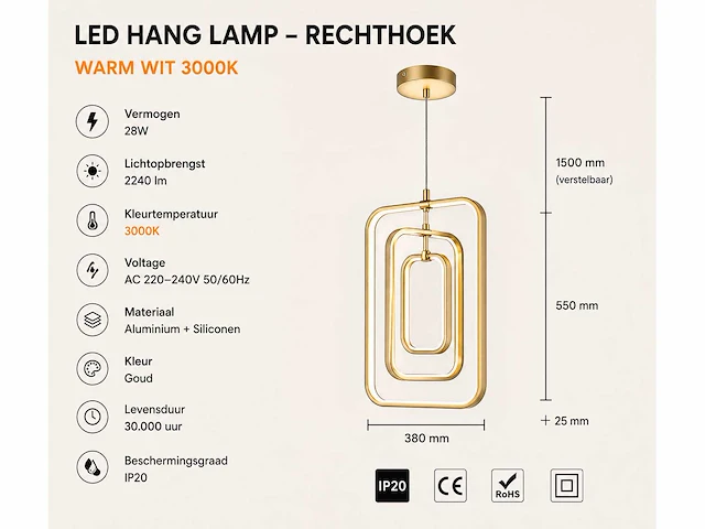 Led hanglamp – 45w – goud – in hoogte verstelbaar – 5835/3 - afbeelding 3 van  4