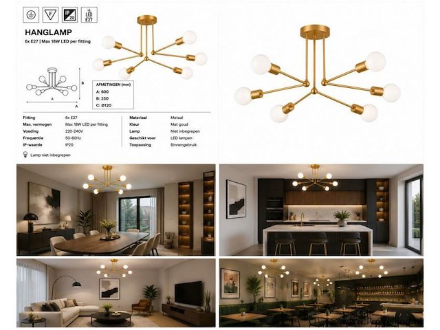 Led hanglamp max 18w – 6x e27 – goud – 600x250mm – ip20 – lorenzo-6 - afbeelding 5 van  5