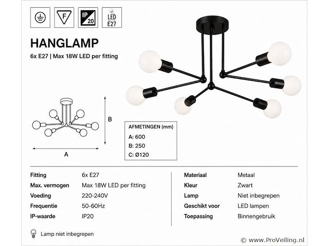 Led hanglamp max 18w – 6x e27 – zwart – 600x250mm – ip20 – lorenzo-6 - afbeelding 4 van  5