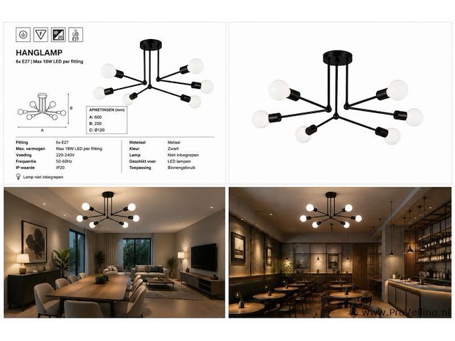 Led hanglamp max 18w – 6x e27 – zwart – 600x250mm – ip20 – lorenzo-6 - afbeelding 5 van  5