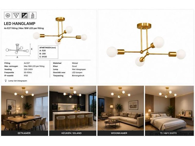 Led hanglamp max 18w – e27 – goud – 520x250mm – ip20 – lorenzo-4 - afbeelding 5 van  5