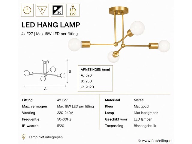 Led hanglamp max 18w – e27 – goud – 520x250mm – ip20 – lorenzo-4 - afbeelding 4 van  5