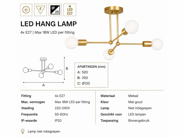 Led hanglamp max 18w – e27 – goud – 520x250mm – ip20 – lorenzo-4 - afbeelding 4 van  5