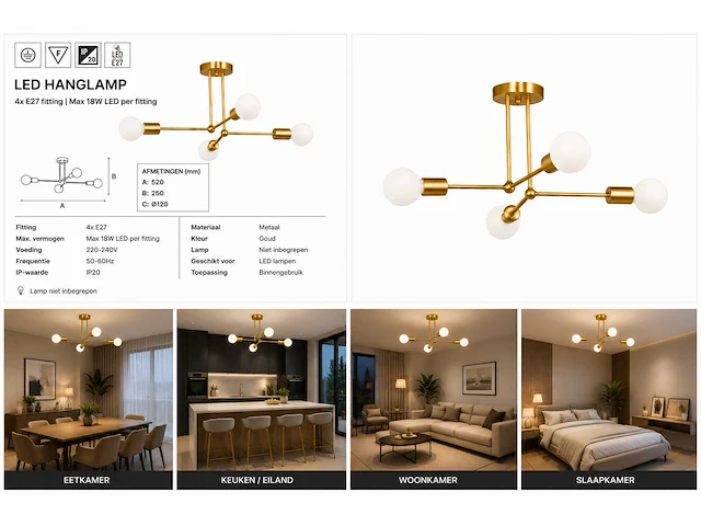 Led hanglamp max 18w – e27 – goud – 520x250mm – ip20 – lorenzo-4 - afbeelding 5 van  5