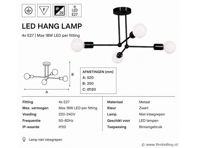 Led hanglamp max 18w – e27 – zwart – 520x250mm – ip20 – lorenzo-4 - afbeelding 4 van  5