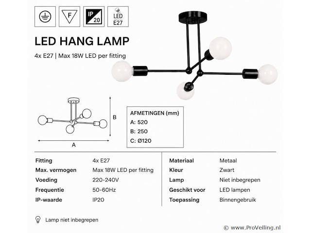 Led hanglamp max 18w – e27 – zwart – 520x250mm – ip20 – lorenzo-4 - afbeelding 4 van  5