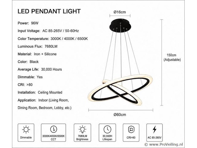 Led kroonluchter – 3 kleuren – dimbaar – p7060/2 - afbeelding 3 van  4