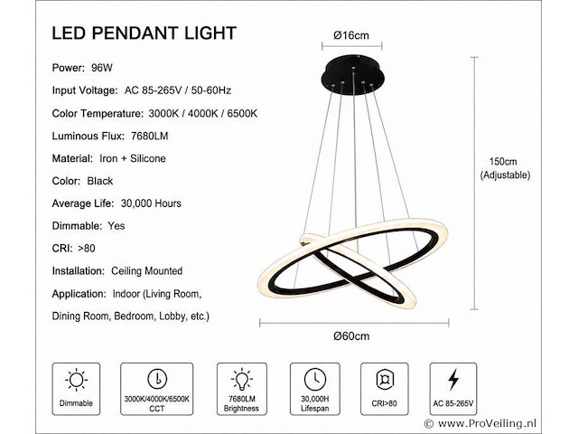 Led kroonluchter – 3 kleuren – dimbaar – p7060/2 - afbeelding 3 van  4