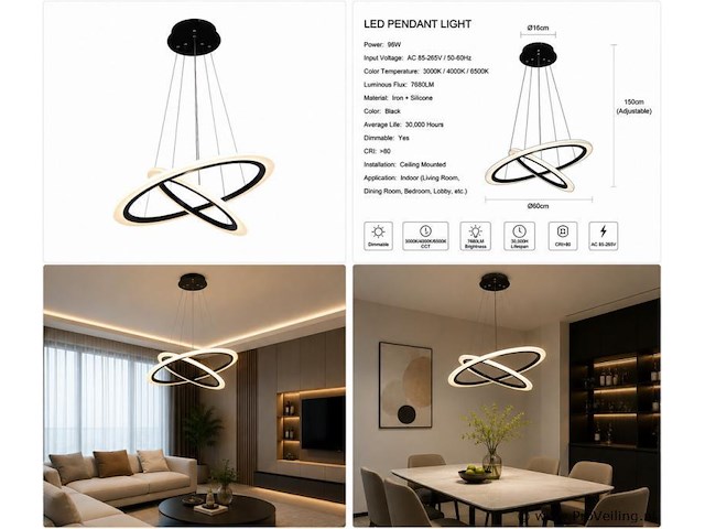 Led kroonluchter – 3 kleuren – dimbaar – p7060/2 - afbeelding 4 van  4