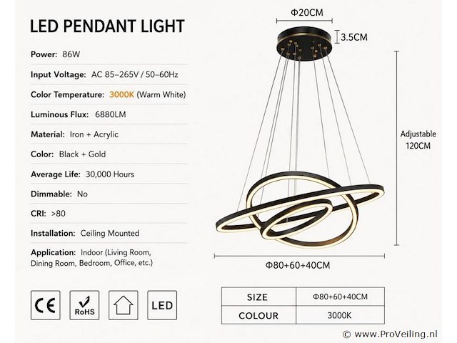 Led kroonluchter – 3 kleuren – dimbaar – p7060/3 - afbeelding 3 van  4