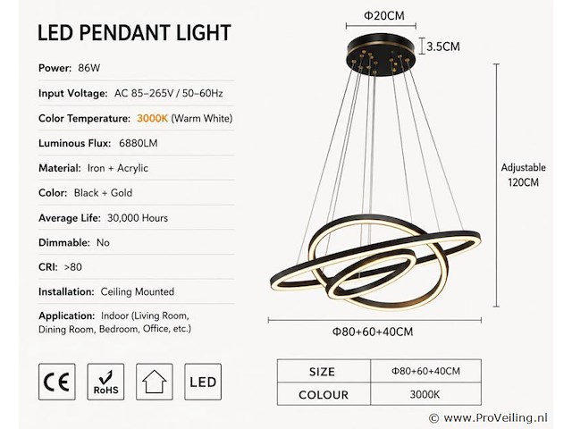 Led kroonluchter – 3 kleuren – dimbaar – p7060/3 - afbeelding 3 van  4