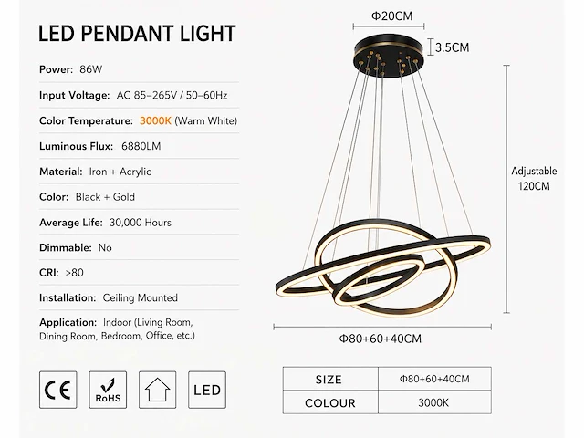 Led kroonluchter – 3 kleuren – dimbaar – p7060/3 - afbeelding 2 van  4