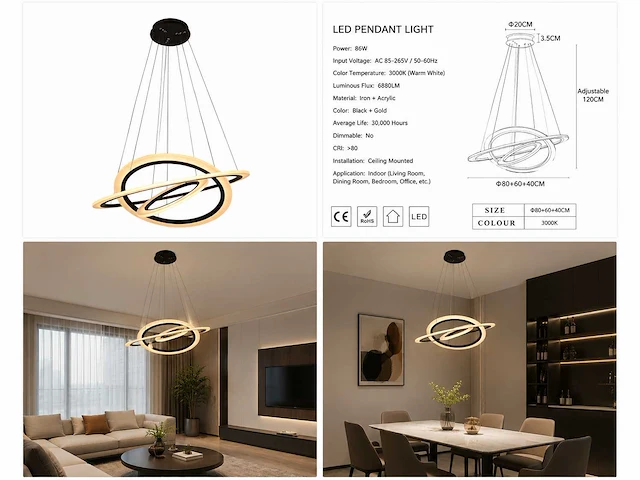 Led kroonluchter – 3 kleuren – dimbaar – p7060/3 - afbeelding 3 van  4