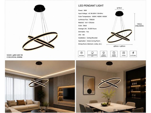 Led kroonluchter – 3 kleuren – dimbaar – p7065/2 - afbeelding 4 van  4
