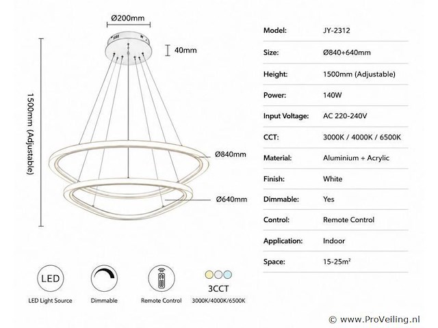 Led kroonluchter – 3 kleuren – dimbaar – p7068/2b - afbeelding 3 van  4