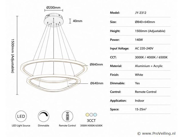 Led kroonluchter – 3 kleuren – dimbaar – p7068/2b - afbeelding 3 van  4