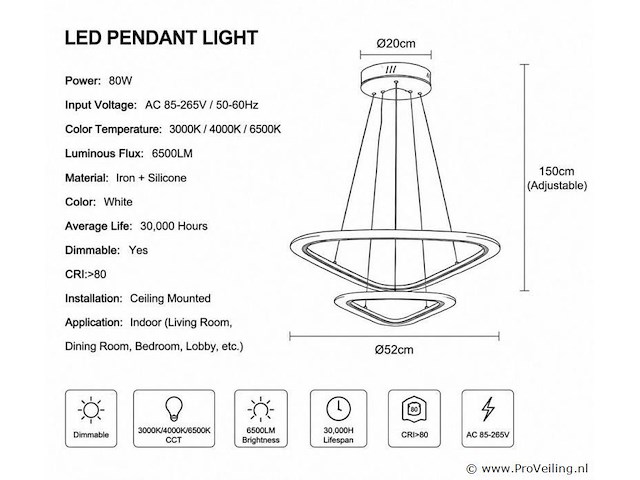 Led kroonluchter – 3 kleuren – dimbaar – p7068/2s - afbeelding 3 van  4