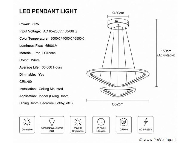Led kroonluchter – 3 kleuren – dimbaar – p7068/2s - afbeelding 3 van  4