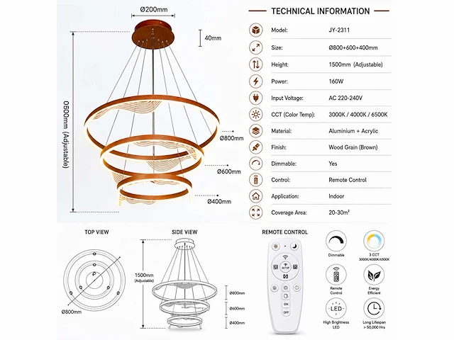 Led kroonluchter – 3 kleuren – dimbaar – p7081/3 - afbeelding 3 van  4