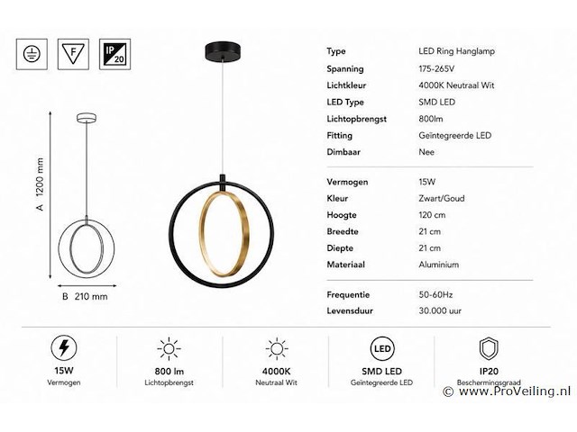 Led ring hanglamp 15w – 4000k neutraal wit - zwart/goud – ip20 – daxton-15 - afbeelding 4 van  5