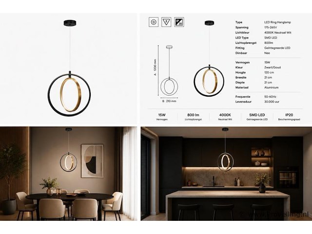 Led ring hanglamp 15w – 4000k neutraal wit - zwart/goud – ip20 – daxton-15 - afbeelding 5 van  5