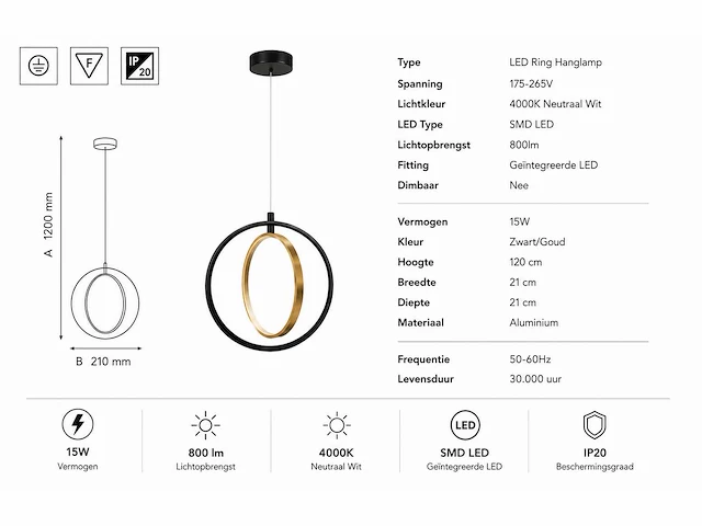 Led ring hanglamp 15w – 4000k neutraal wit - zwart/goud – ip20 – daxton-15 - afbeelding 4 van  5