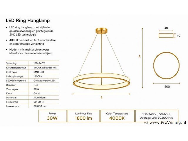 Led ring hanglamp 30w – 4000k neutraal wit - rose gold – ip20 – essence-30 - afbeelding 4 van  5