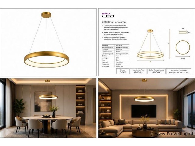 Led ring hanglamp 30w – 4000k neutraal wit - rose gold – ip20 – essence-30 - afbeelding 5 van  5