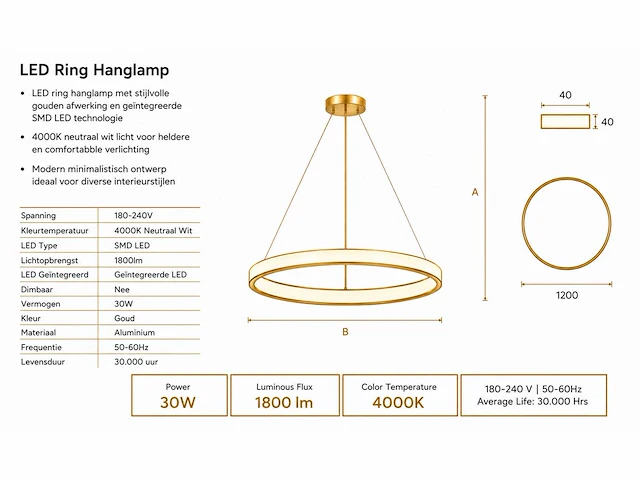 Led ring hanglamp 30w – 4000k neutraal wit - rose gold – ip20 – essence-30 - afbeelding 4 van  5