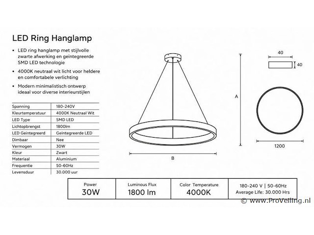 Led ring hanglamp 30w – 4000k neutraal wit - zwart – ip20 – essence-30 - afbeelding 4 van  5
