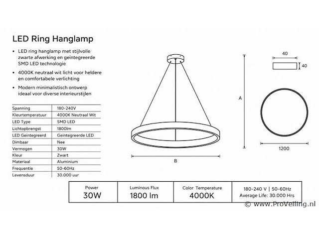 Led ring hanglamp 30w – 4000k neutraal wit - zwart – ip20 – essence-30 - afbeelding 4 van  5