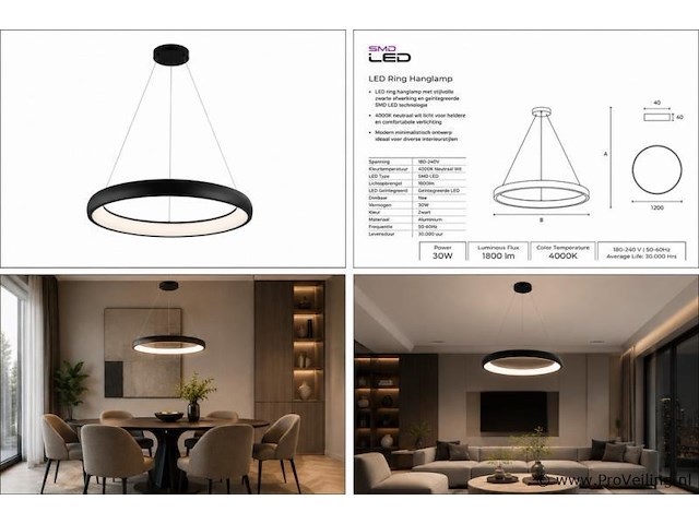 Led ring hanglamp 30w – 4000k neutraal wit - zwart – ip20 – essence-30 - afbeelding 5 van  5