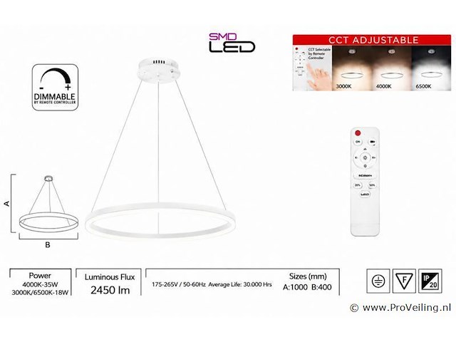 Led ring hanglamp 35w – 3cct dimbaar - wit – ip20 – harvey-35 3cct - afbeelding 4 van  5