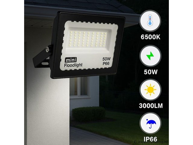 Led schijnwerper 50w mini – 6500k koud wit – ip65 waterdicht (x12) - afbeelding 1 van  4