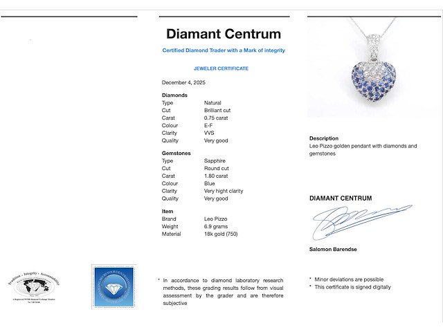 Leo pizzo - witgouden hart hanger met diamanten en saffieren - afbeelding 5 van  11