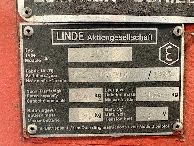 Linde - 1995 - e18p - 3.7m duplex, brede vorkversteller, free-lift, side-shift - vorkheftruck - afbeelding 5 van  8