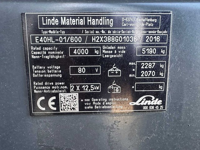 Linde - 2016 - e40hl-01/900 - 4.1m duplex, side-shift, vorkversteller - vorkheftruck - afbeelding 14 van  14