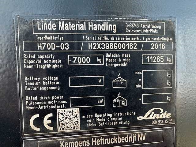 Linde - 2016 - h70d-03 - 4.45m duplex, side-shift, vorkversteller - vorkheftruck - afbeelding 4 van  13