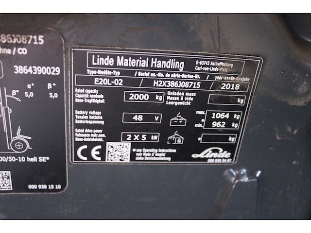 Linde - 2018 - e20 l -02 - vorkheftruck - afbeelding 10 van  18