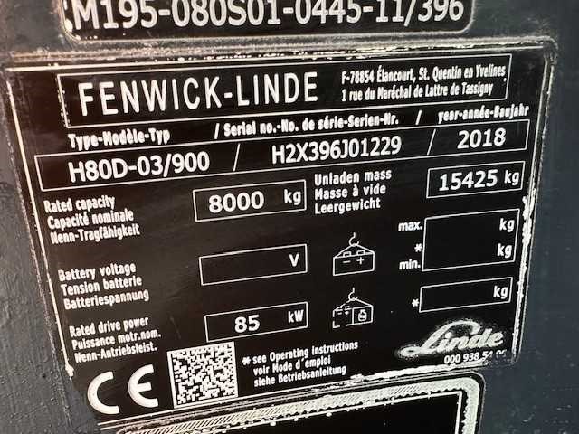 Linde - 2018 - h80d-03/900 - 8000kg hefvermogen op 900mm - vorkheftruck - afbeelding 11 van  19