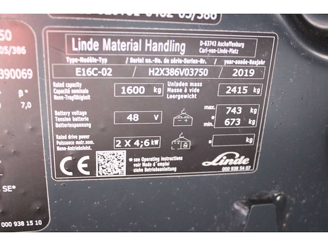 Linde - 2019 - e16 - 4.62m triplex, reachlepels, free-lift, vorkensteller, side-shift - vorkheftruck - afbeelding 17 van  17