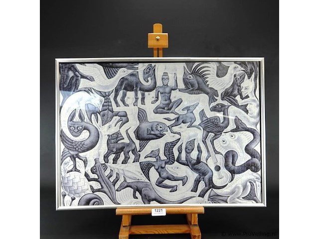 Litho "vlakvulling ii" van m.c. escher, gemaakt in juli 1957. als puzzel en ingelijst - afbeelding 1 van  5