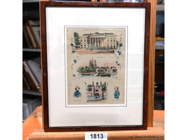 Lithografie met friese stadsgezichten, waaronder het paleis van justitie in leeuwarden en de waterpoort in sneek - afbeelding 1 van  5