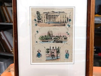 Lithografie met friese stadsgezichten, waaronder het paleis van justitie in leeuwarden en de waterpoort in sneek - afbeelding 1 van  5